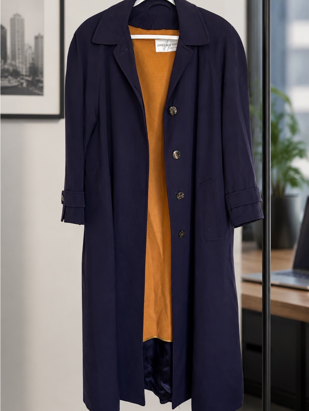 Jones New York Navy Coat with Mustard Lining